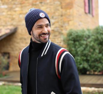 Bonnet de nuit bleu pointu fait à la main avec pompon coton adulte hommes  femmes chapeau de couchage -  France